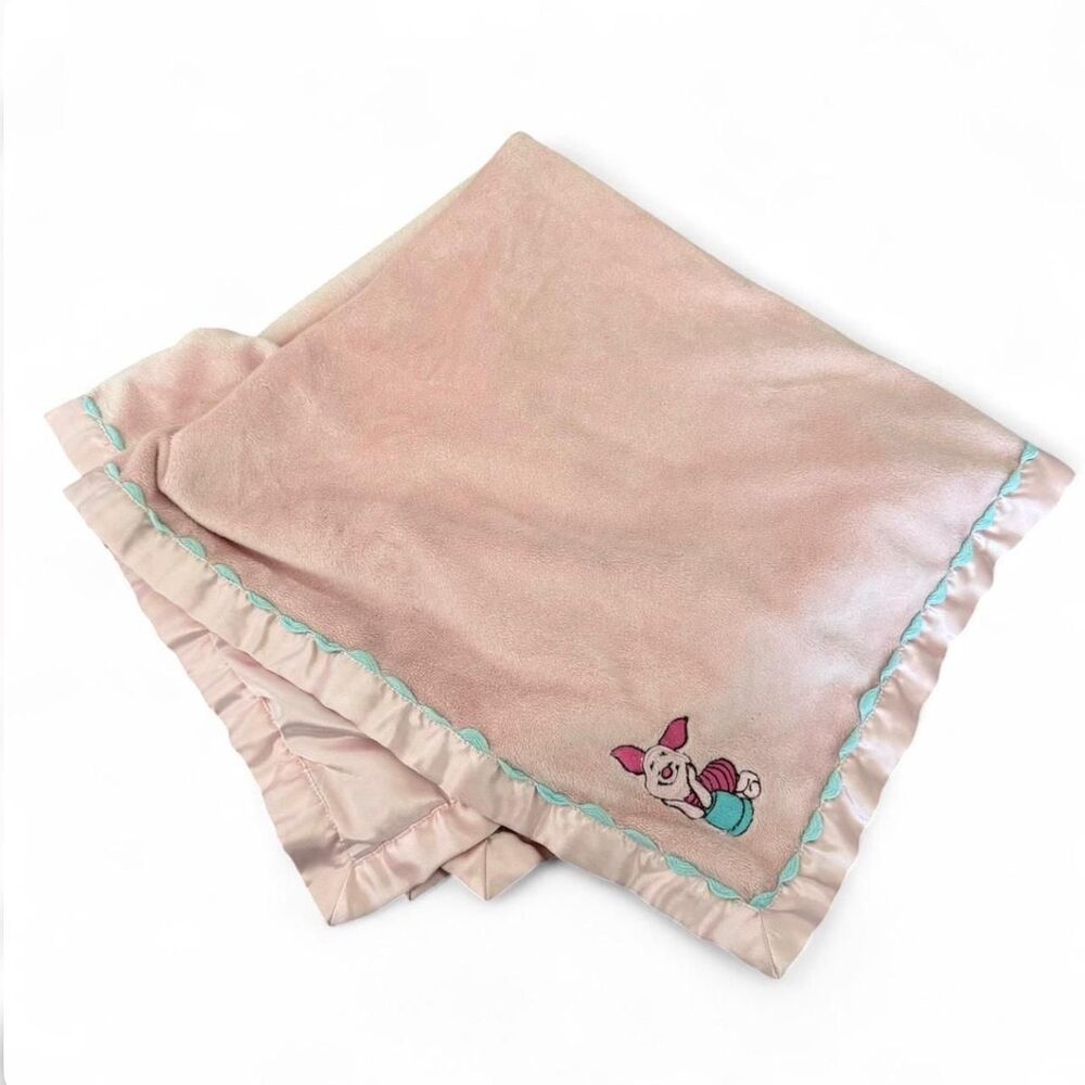 Vintage Disney Piglet Pink Plush Satin Ruffle Trim Baby Blanket 30”x30”